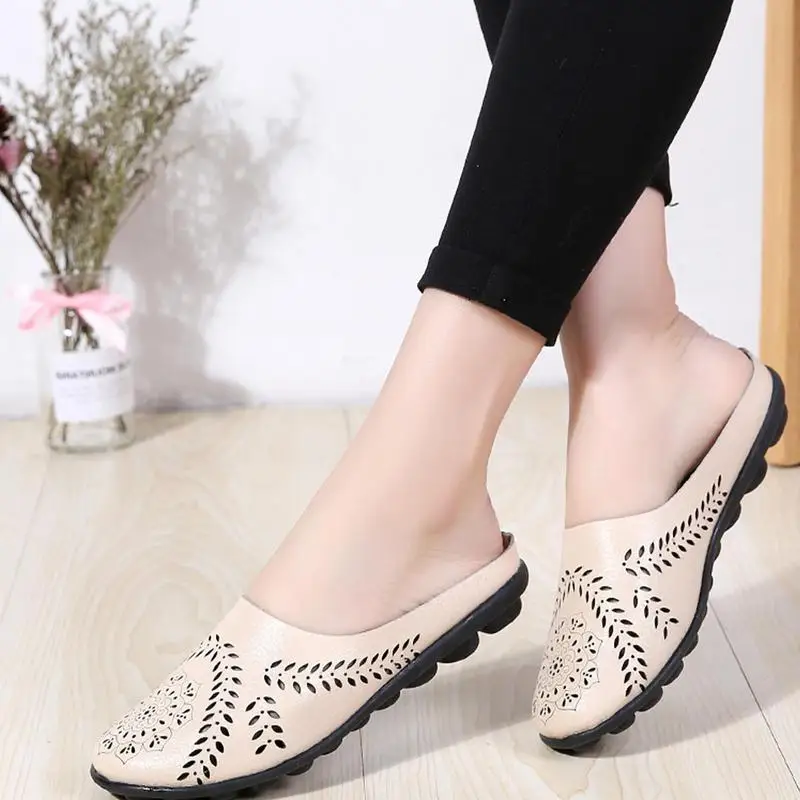 Casual All-match Hollow Slippers House Summer Slippers Leather Loafer Mules Sandals Flats For Women Comfortable Slip-on Loafer