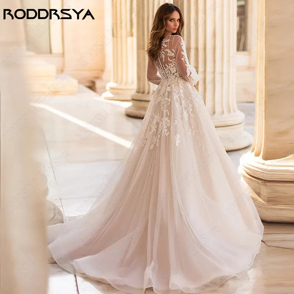 RODDRSYA Elegant Long Puff Sleeves Weddng Dress 2024 Applique Scoop Neck Bridal Gowns Lace A-Line Illusion Vestidos De Novia