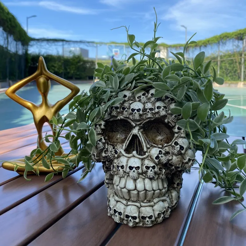 Resin Skeleton Desktop Flower Pot Planter Sculptures Home Garden Office Decor Container Skull Design Model Craft Decoration