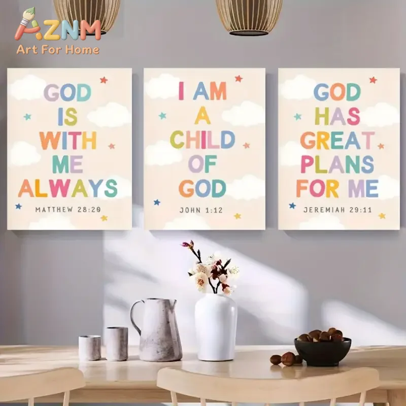 AZNM Frameless 2D Flat Colorful Bible Quote Cloud Canvas Print, Reusable Cute European‑style Kids Bedroom Wall Art Poster