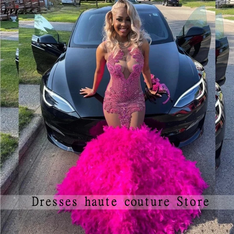 تخصيص 2026 مشرق الوردي حورية البحر الماس فستان الحفلة الراقصة الفتيات السود حجر الراين مطرز ريشة فستان حفلة عيد ميلاد الأفريقية #2