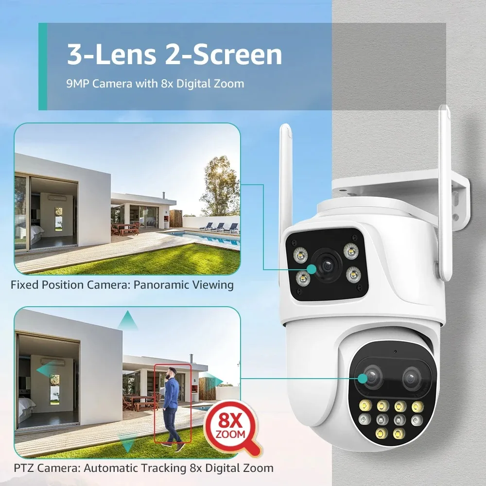 5K 9MP Wifi PTZ Camera Outdoor 8X Zoom Auto Tracking Camera HD Three Lens Dual Screen CCTV Video Surveillance Security Cam ICsee