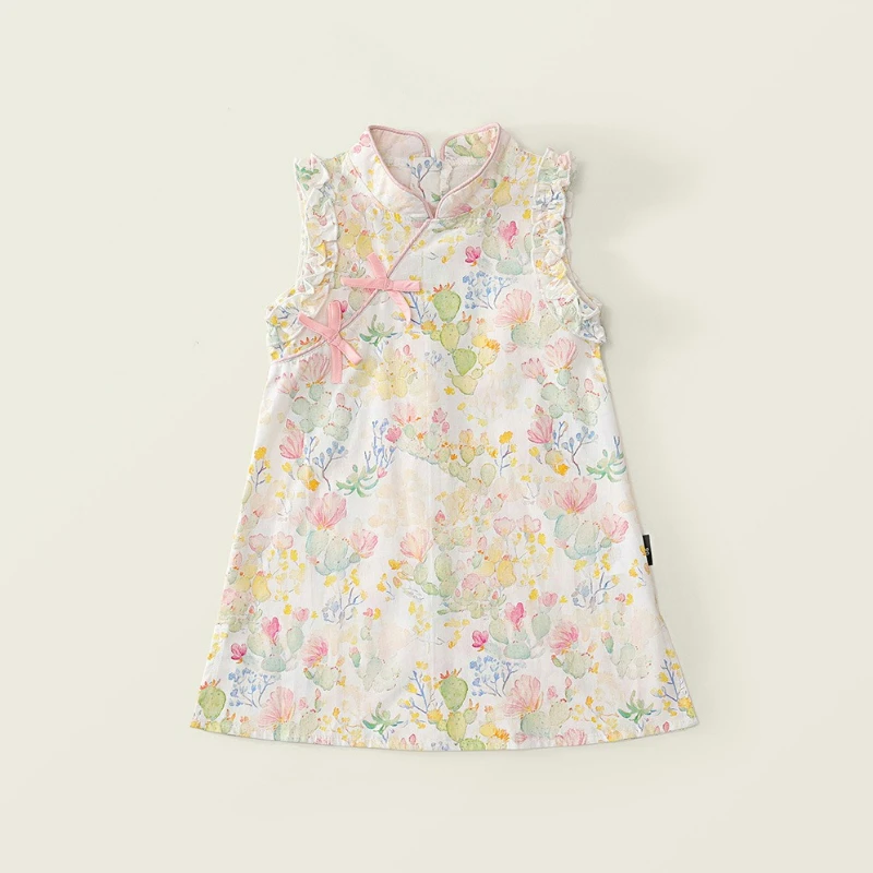 

2025 New Summer Girls Sleeveless Qipao Dress Chinese Style Floral Print Lightweight Bow Applique Children Clothing