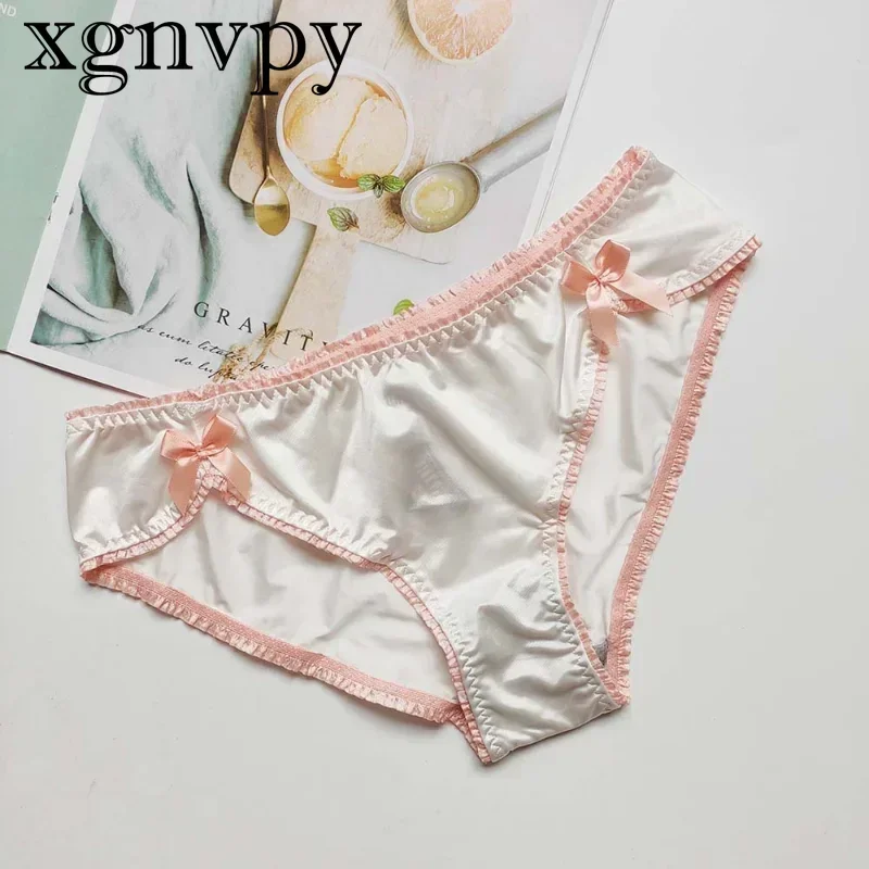 xgnvpy Luxury Bow Women\'s Underwear Vintage Solid Satin Cotton Seamless Briefs Sexy Panties Thongs Feminine Lingerie Lacy