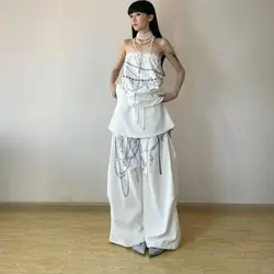Two Piece Set Gothic Chain Print Wrap Top and Wide Leg Pant Suit women summer fairycore 00s grunge aesthetic harajuku streetwear