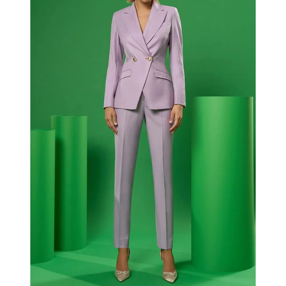 

Light Purple 2 Piece Pants Sets Women Solid Color Double Breasted Slim Fit 2025 Stylish Lady Outfits