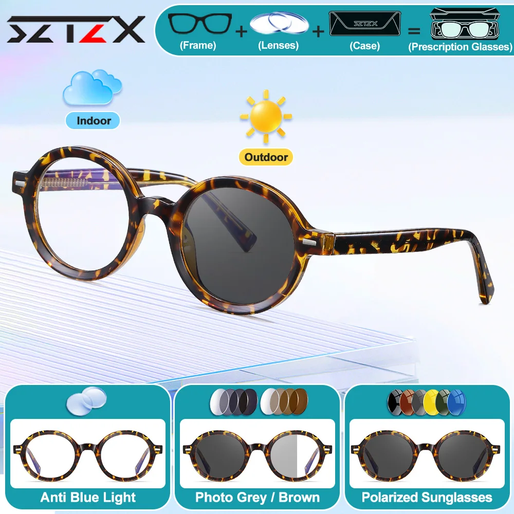 

SZTZX Fashionable Women Round Myopia Prescription Glasses High Quality Anti Blue Light Reading Progressive Photochromic Eyeware