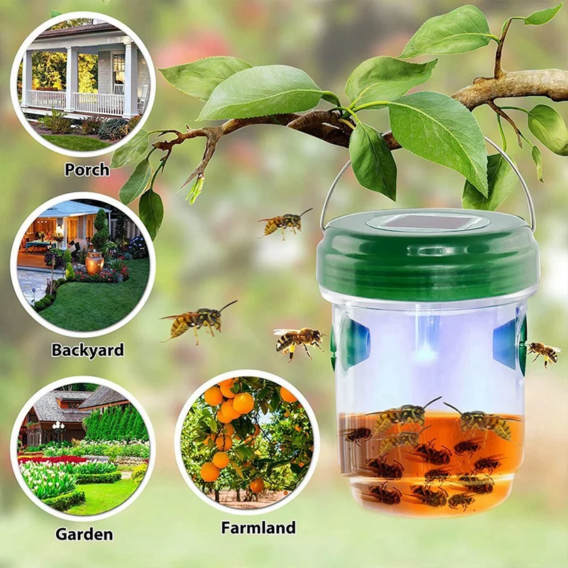 Trampa de abejas para exteriores alimentada por energía Solar con luz LED, diseño colgante, reutilizable, trampas para insectos para Patio, Patio, jardín