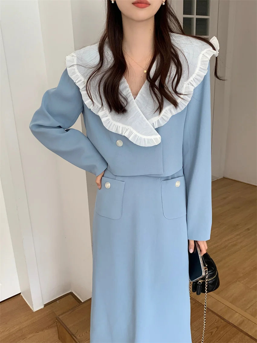 Alien Kitty Sweet Women Gentle Two Pieces Sets Spring High Street New Blazers Office Lady Suits 2022 All Match Mid-Length Skirts