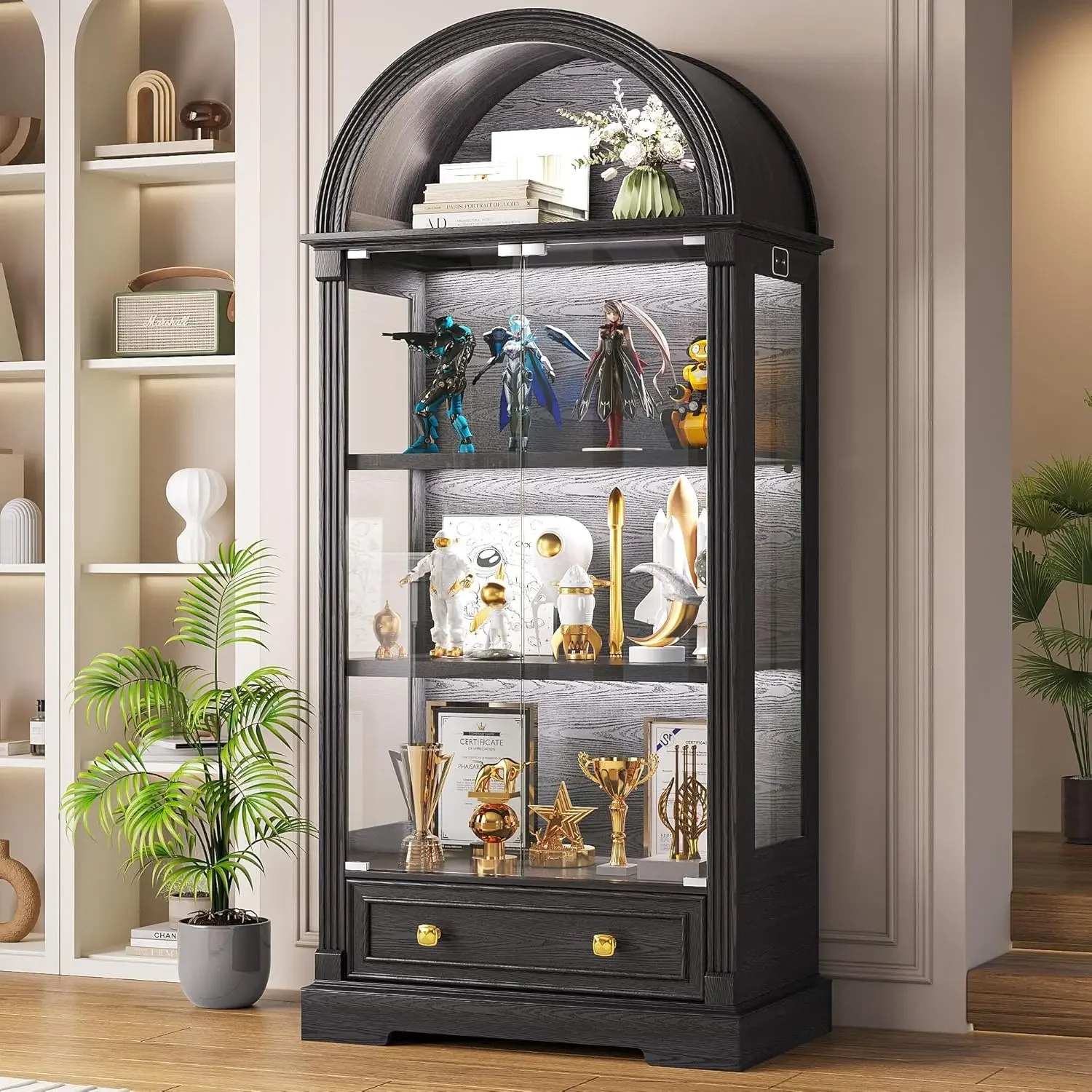 [Discounted Price!]Black Curio Cabinet with Glass Doors, 72" Tall Arched Display Cabinet with Human Sensor Lights 4-Tier Display