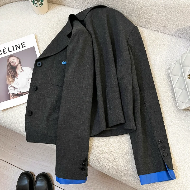 Women Dark Gray Vintage Wine Stitching Suit Jacket Female Fashion Joker French Chic Long-sleeved Office Lady Casual Jacket