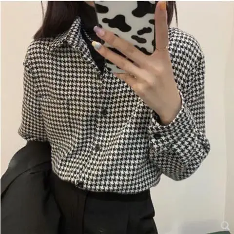 Long Sleeved Shirt for Women Autumn and Winter New Loose Top Fashionable Shirt Thousand Birds Extra Set for Women