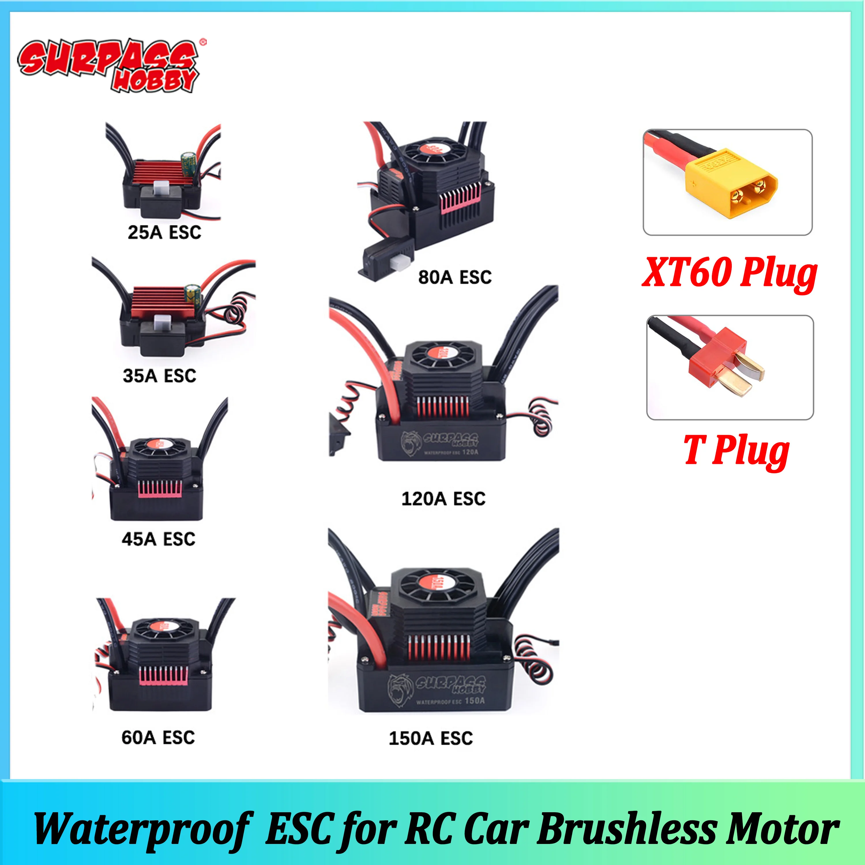 SURPASS HOBBY KK 25A 35A 45A 60A 80A 120A 150A Waterproof ESC T/XT60 Plug for 1/8 1/10 1/12 1/16 1/20 RC Car Brushless Motor