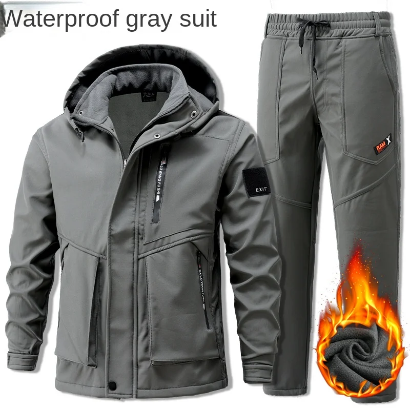 2024 New Winter Plush Thick Workwear Set for Men Cold Resistant Warm Waterproof Wear-resistant Workwear Outdoor Assault Suit