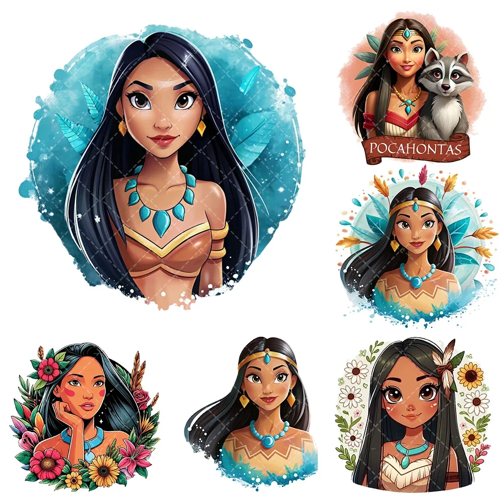 Disney princess Pocahontas  Iron On Heat Transfer Stickers For Clothes DTF Pinted Vinyl Thermal Appliques Washable T-Shirt Decal