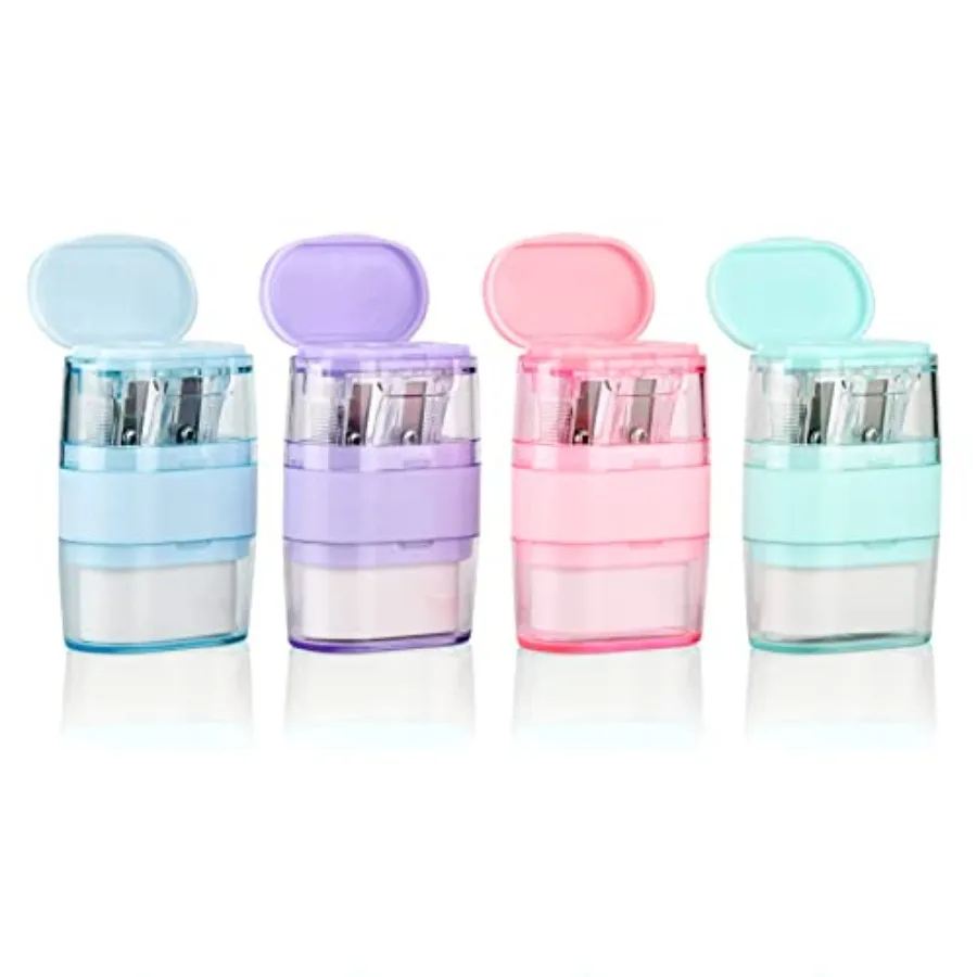 

4 PCS Manual Pencil Sharpener with Eraser, Double Hole Multicolored Sharpener with Eraser Fun Stationery Back to School Supplie