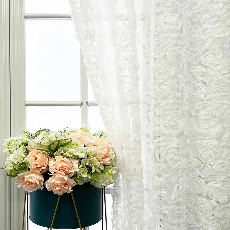 European Style White 3D Rose Gauze Curtains For Luxury Living Rooms, Bedrooms, High-End Villa White Sheer Tulle Window Curtains