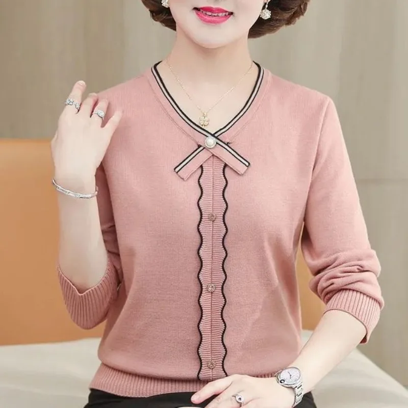 Autumn and Winter Women's Pullover Round Neck Single Breasted Contrast Panel Screw Thread Long Sleeve Knitted Sweater Tops