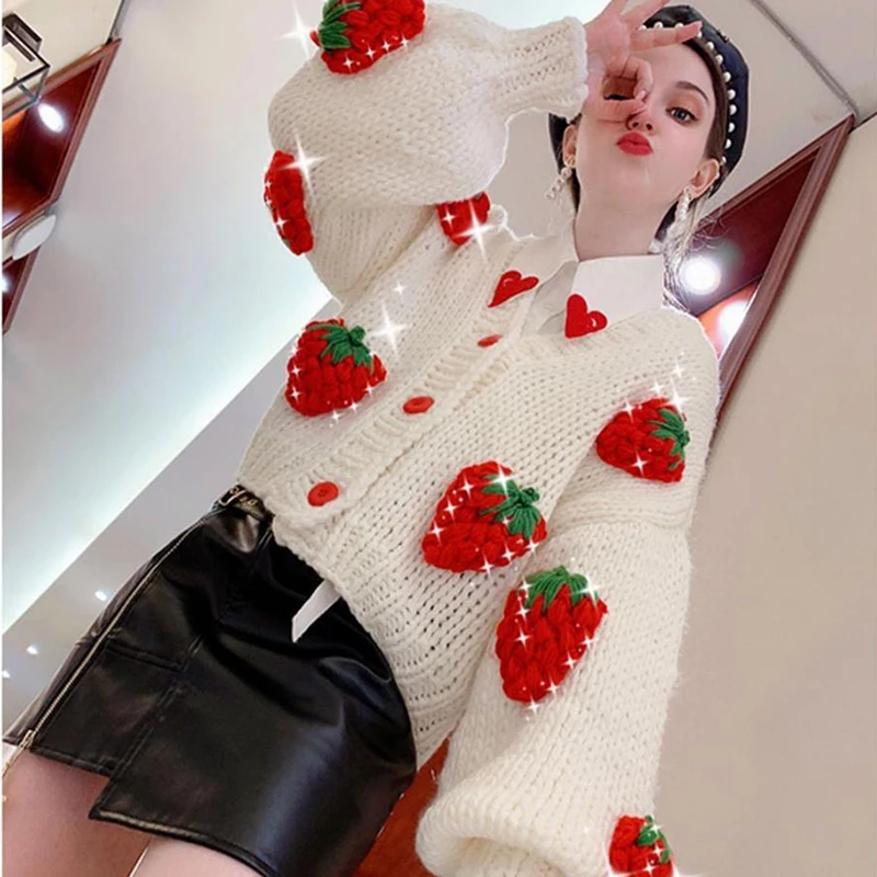 Cute Strawberry Women Cardigan Sweater Winter Loose Fashion V Neck Hand 3D Knitting Ladies Jumper Casual Female Coats New