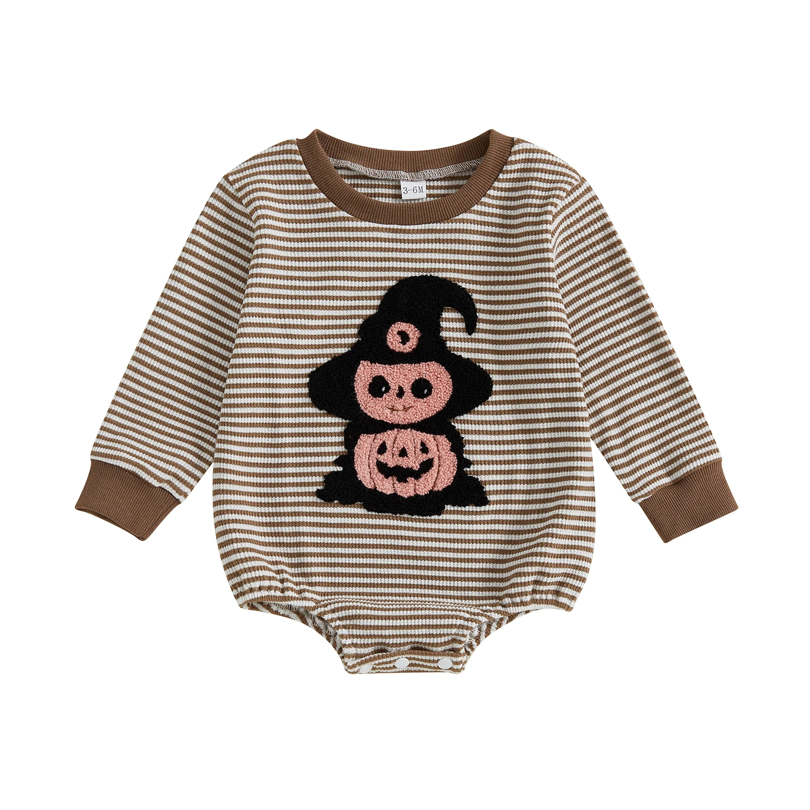 

Baby Halloween Stripe Waffled Romper Pumpkin Witch Hat Embroidery Long Sleeve Round Neck Jumpsuit