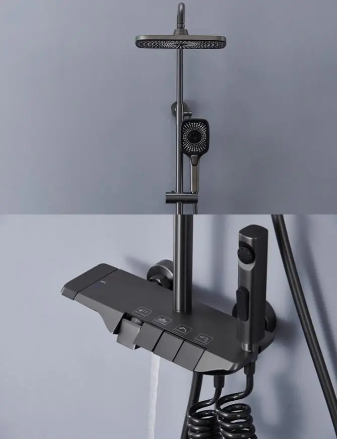 مجموعة رأس دش مفتاح البيانو البارد والساخن من النحاس الرمادي، رأس دش أبيض للحمام والحمام