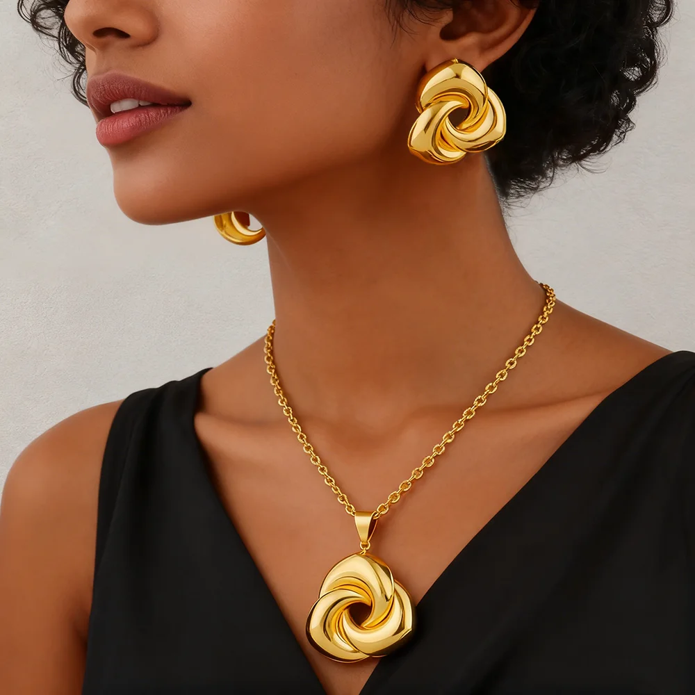 Dubai 18K Goldfarbenes Schmuckset für Damen Hochzeit Party Halskette Ohrringe Sets Indisches Schmuckset Kostenloser Versand Großhandel – Detail 4