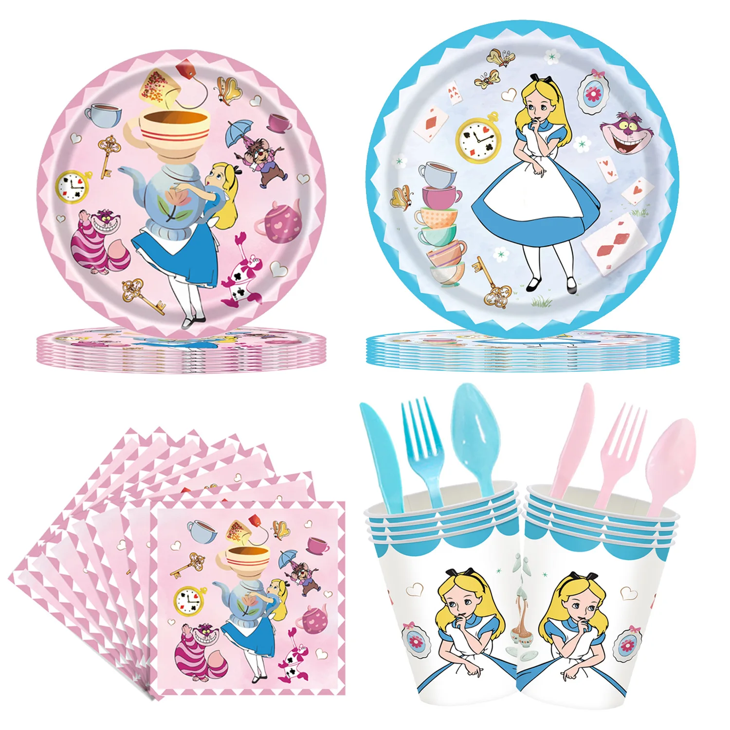 Alice's Adventures in Wonderland Birthday Party cutlery plate Disposable Banner Cake Topper Hanging Flag Balloons Set Decoration