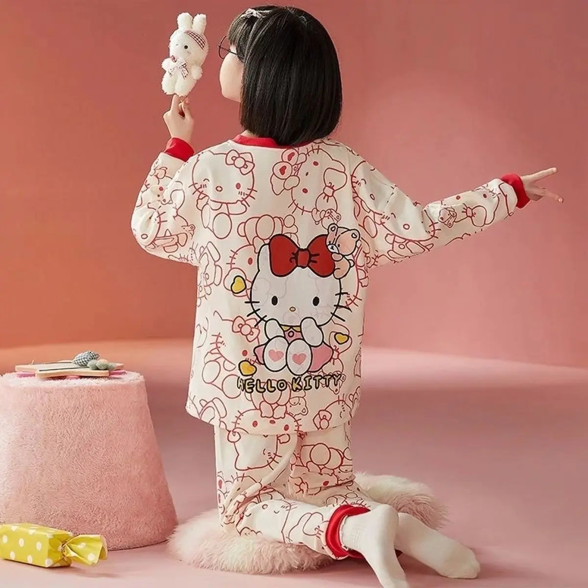 

Sanrio Hello Kitty Print Pajama Sets Daily Causal Comfortable Nightwear Set Boys Girls Costume Indoor Unisex Autumn Winter