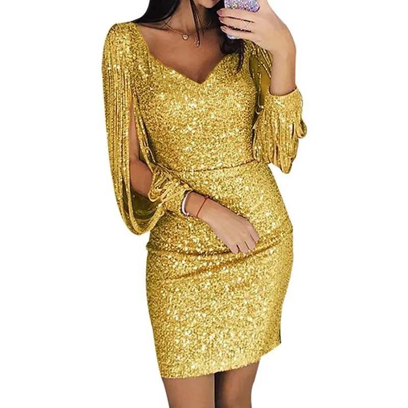Sexy Long Sve Sequin Tassel Bodycon Dr for Night Club Par 25-29 Years Old Women Polyester Street Sle V-Ne ort S...