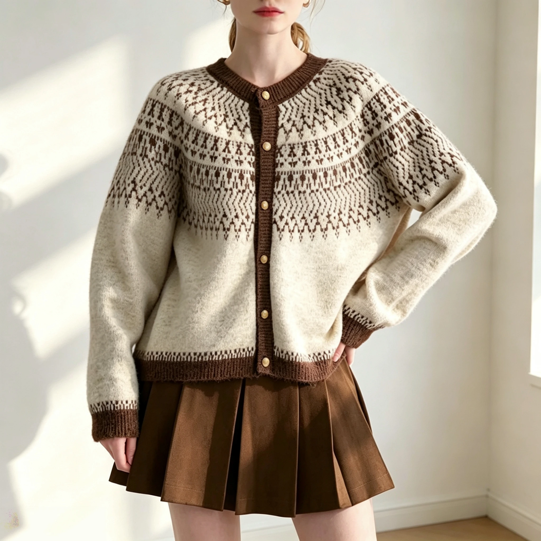 Fair-Isle Retro Jacquard Sweater Cardigan Vintage Color Blocking Knit Coat Women Autumn Winter Loose Long Sleeve O-neck Knitted