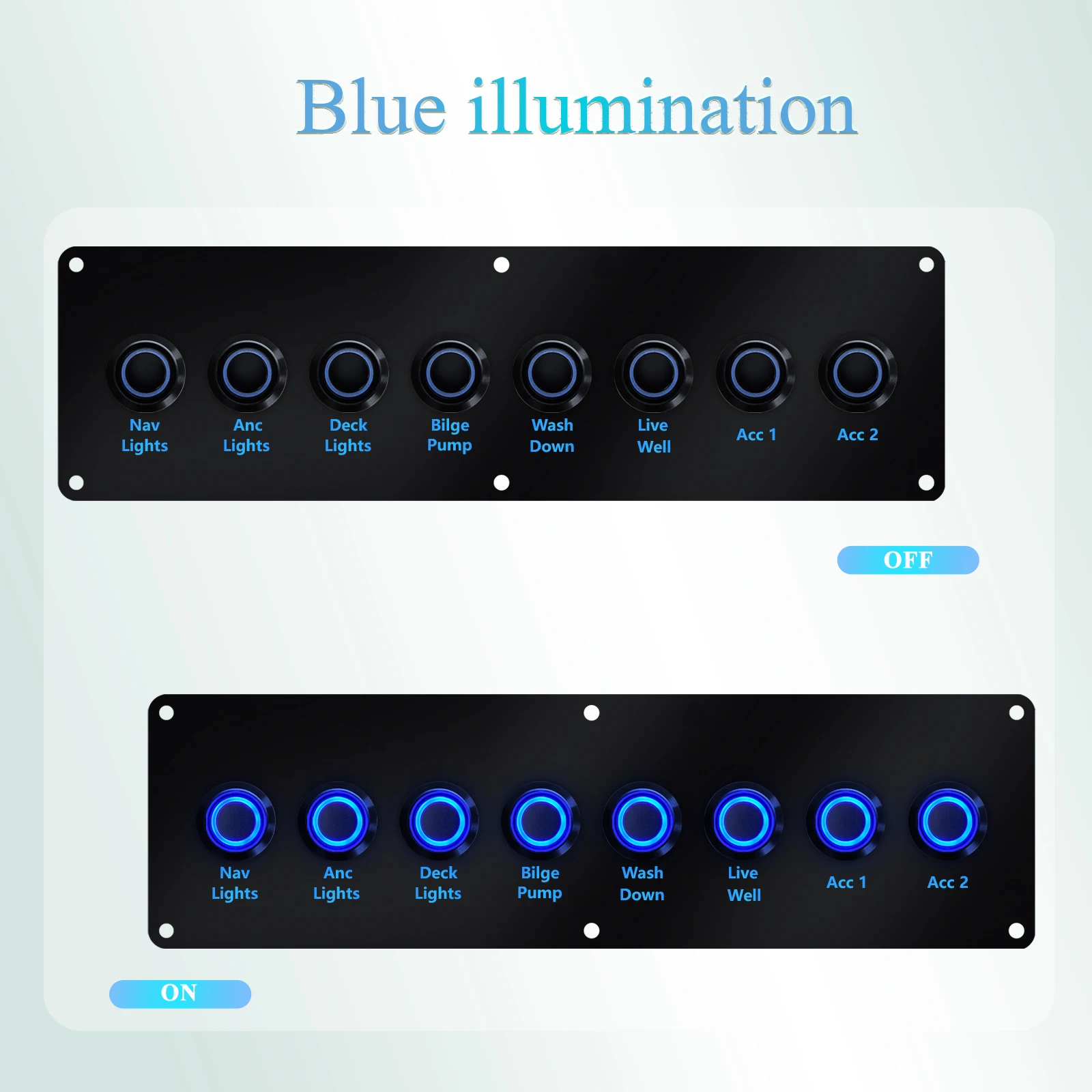12V-24V Heavy-Duty Marine Grade Waterproof Push Switch Panel Circuit Breaker Blue LED Pre-Wired ON-OFF Dashboard for Boat RV Car