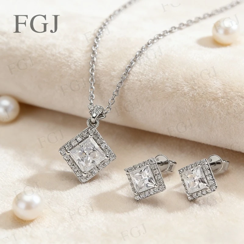 

GRA Certified Moissanite Jewelry Set With Necklace Earrings Princess Cut 925 Sterling Silver For Daily Party Mother's Day Gifts