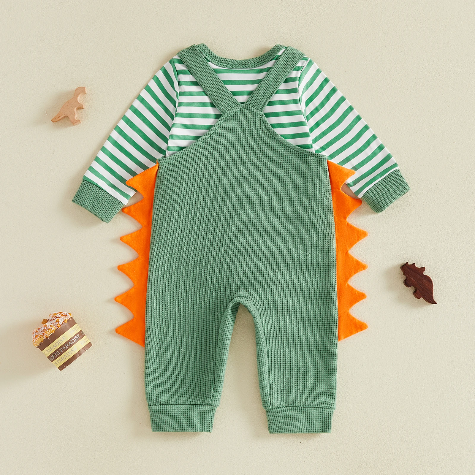 2pcs Baby Boy Half Birthday Outfit Long Sleeve Striped Waffle Romper Dinosaur Overall Trousers Set
