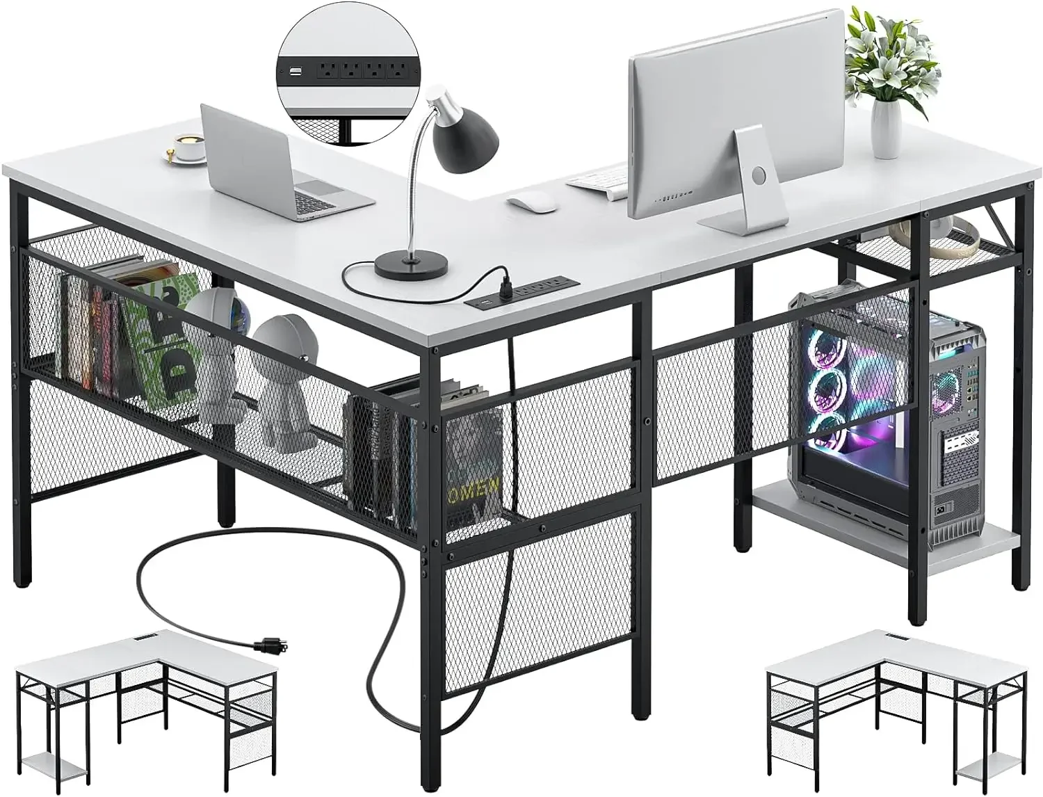 

Unikito L Shaped Desk with USB Charging Port and Power Outlet, Reversible Corner Computer Desk with Storage Shelves, Industrial