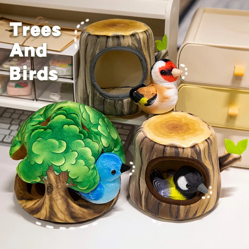 Kawaii Lifelike Mini Bird Nest Tree House Plush Doll Colorful Bird And Nest Combination Plush Toy Home Decor Gift For Boys Girls