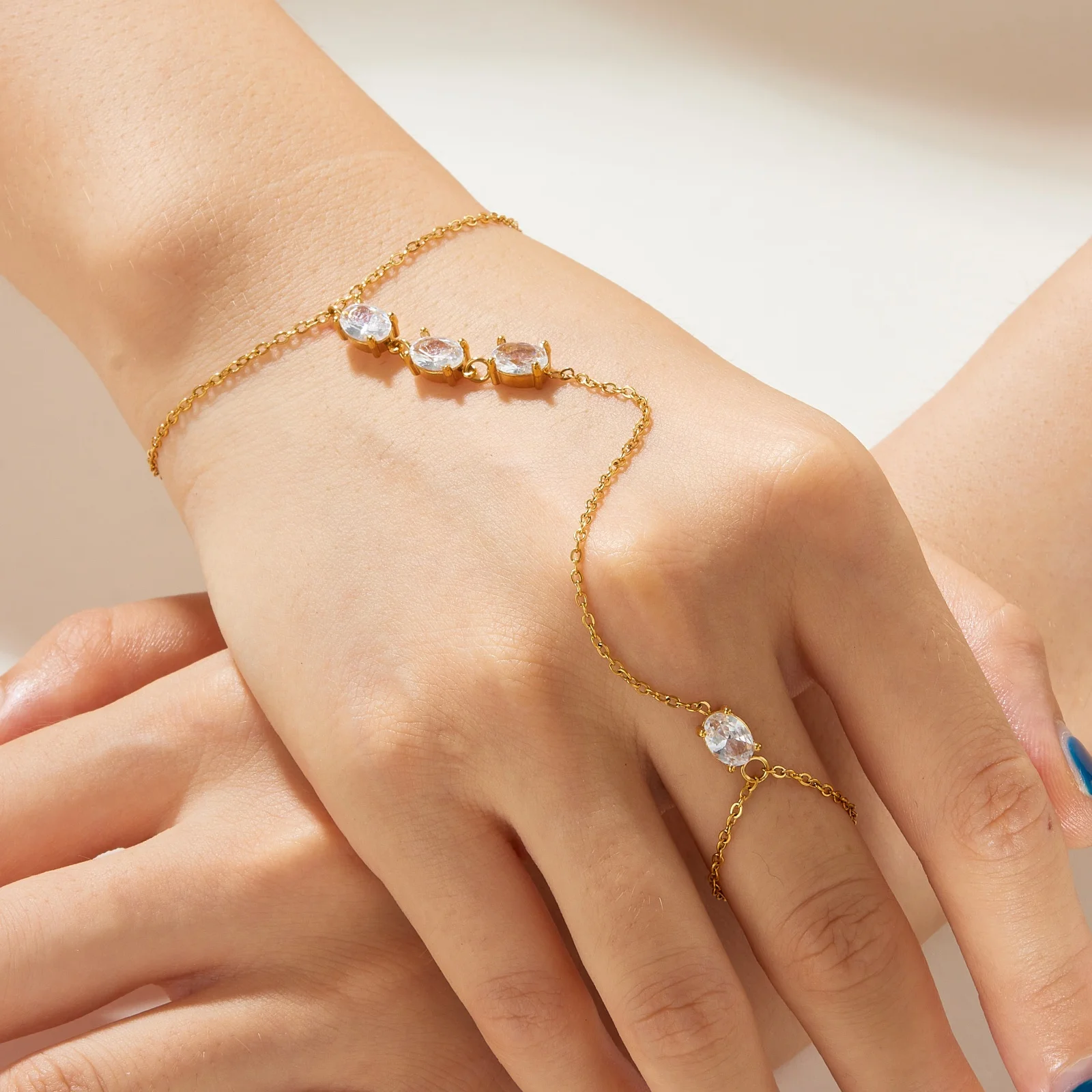 DIEYURO Stainless Steel Delicate Geometric White Egg-Shaped Marquise Zircons Finger Bracelet Women Waterproof Jewelry Gift