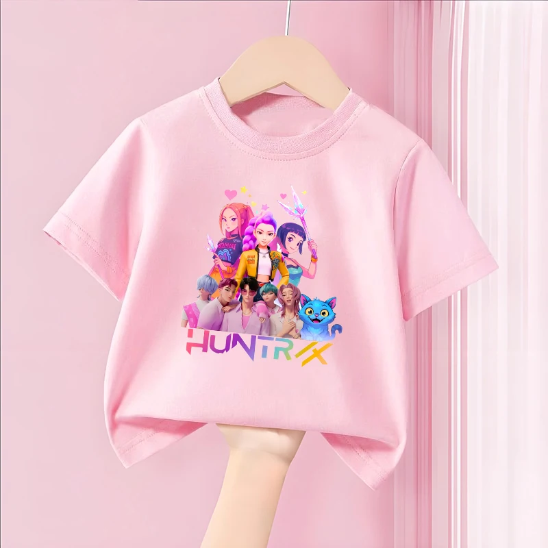 شيطان هنتر الفتاة الوردي تي شيرت القطن لطيف أنيمي مطبوعة الاطفال تيز Y2K Kawaii الشارع الشهير Harajuku قصيرة الأكمام ملابس الصيف #3