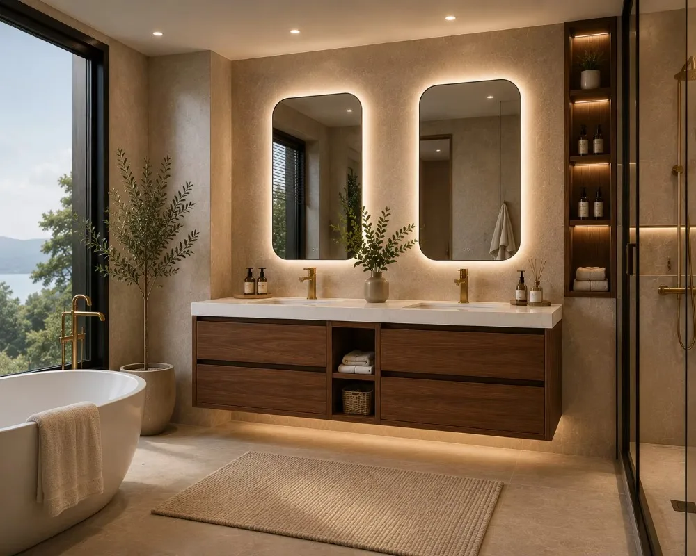 Luxury solid wood floating bathroom sink double sink cabinet smart mirror custom size ceramic basin quartz countertop
