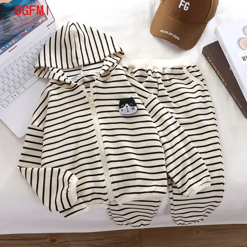 

Spring Autumn Boys Girls Casual Striped Hooded Sweatshirt Cartoon Zipper Jacket + Pants 2-pcs Set 2-10Y Children's Tracksuit