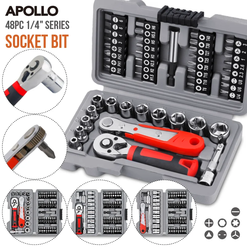 Apollo 1/4 "conjunto de catraca e bits de liberação rápida, aço Cr-V com chaves de fenda Phillips/com fenda para reparo de automóveis e ferramentas manuais