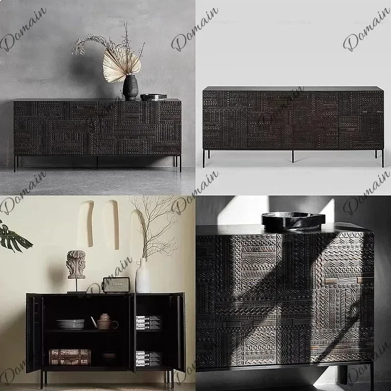 N80 Nordic Belgian Style Sideboard Carved Solid Wood Storage Cabinet Luxury Entryway Minimalist Buffet