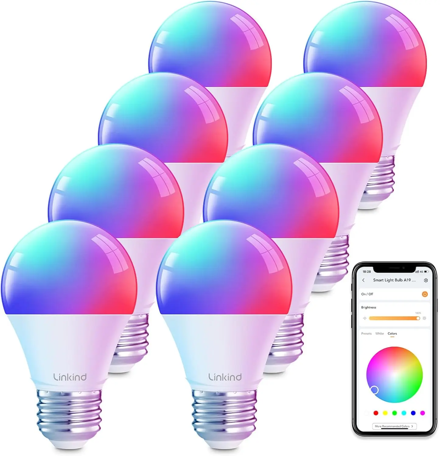 

WiFi Smart Light Bulbs, Alexa & Google Home Compatible, RGBTW Color Changing, 2.4GHz, A19 E26 60W 800LM, 8 Pack