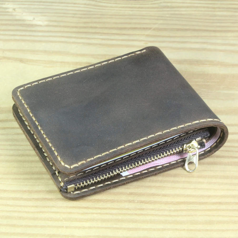 

Luxury Handmade Genuine Leather Men Wallet Bifold Purse Male Wallets Short Money Clip Vintage Leather Money Bag with zip pocket