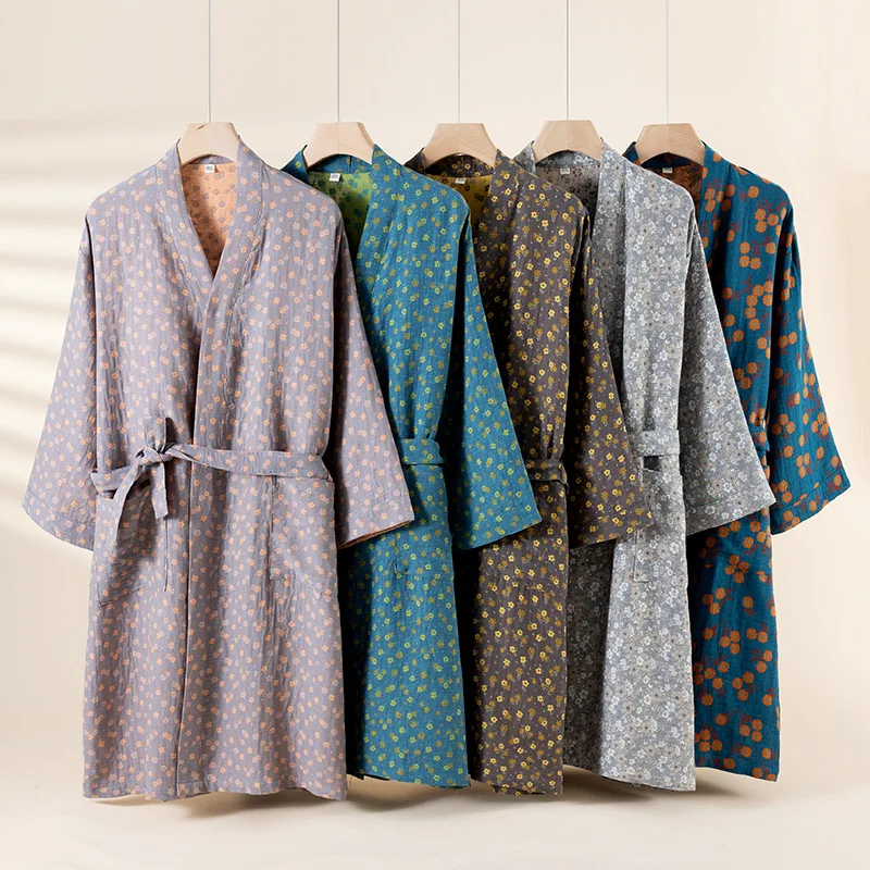 

Кимоно, халат, женские пижамы, одежда на весну и осень, свободная домашняя одежда из чистого хлопка, халаты с цветочным принтом и поясом
