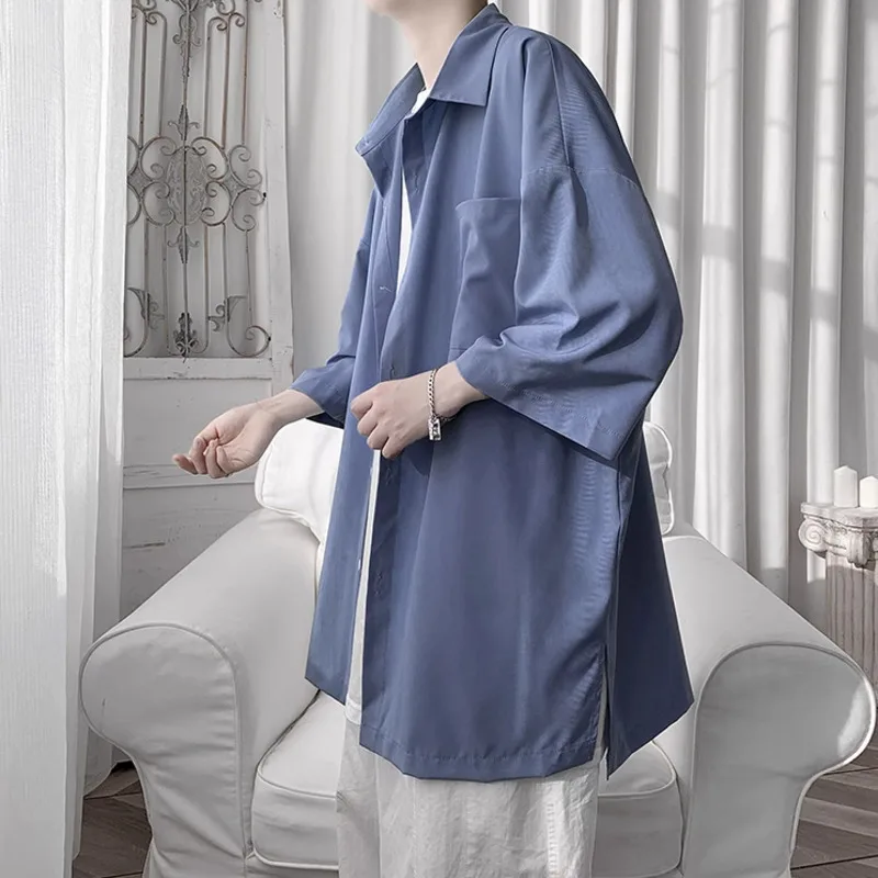 Summer Short Sleeved Shirt Men Fashion Society Mens Dress Shirt Korean Loose Casual Shirt Mens Oversized Ice Silk Shirts M-3XL