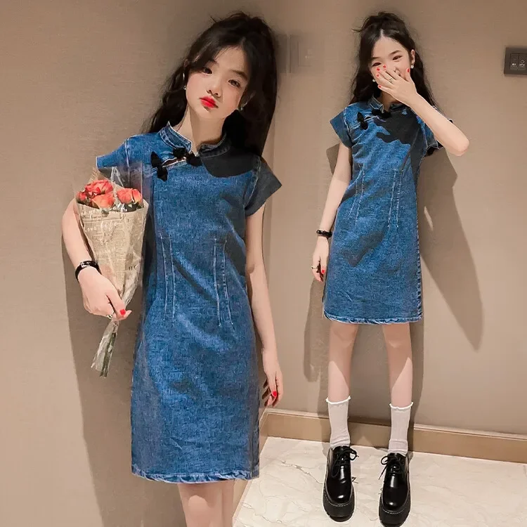 

Kids Cheongsam Dresses Vestidos for Girls Denim Cotton Qipao Clothes Children Sheath Party Dresses Girls Clothing Tang Suits