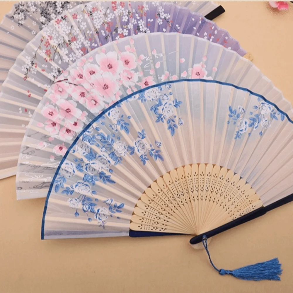 New Chinese Style Decorative Folding Fan Faux Silk Material Lightweight Wood Folding Fan Bamboo Frame Handheld Fan For Women