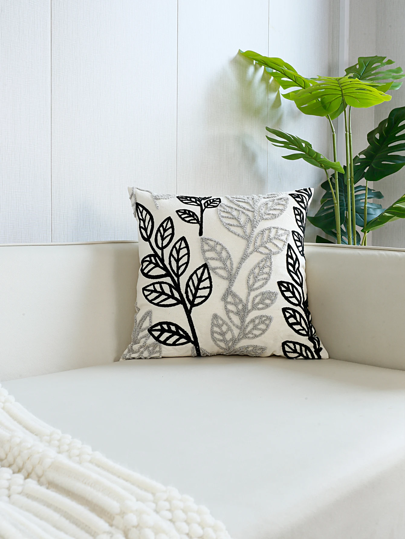 1pc, Black Grey Leaf Towel Embroidered Pillow Case, Velvet Cushion Cover Home Decor Art House Office Sofa Chair Decoration