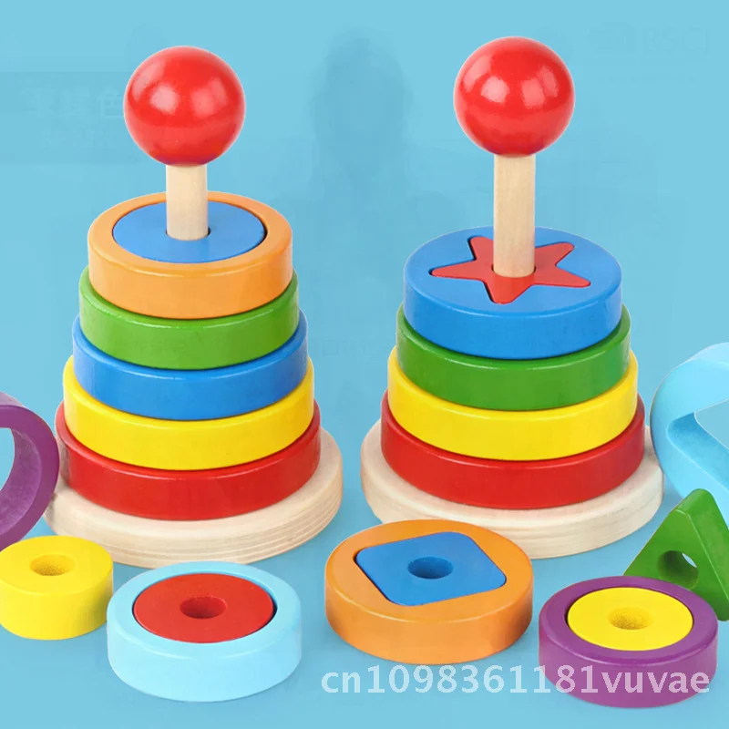Edukacyjna drewniana wieża tęczowa Jenga - zabawka do dopasowywania kształtów i nauki kolorów dla dzieci w wieku 3-6 lat, warstwowy design w kształcie koła dla