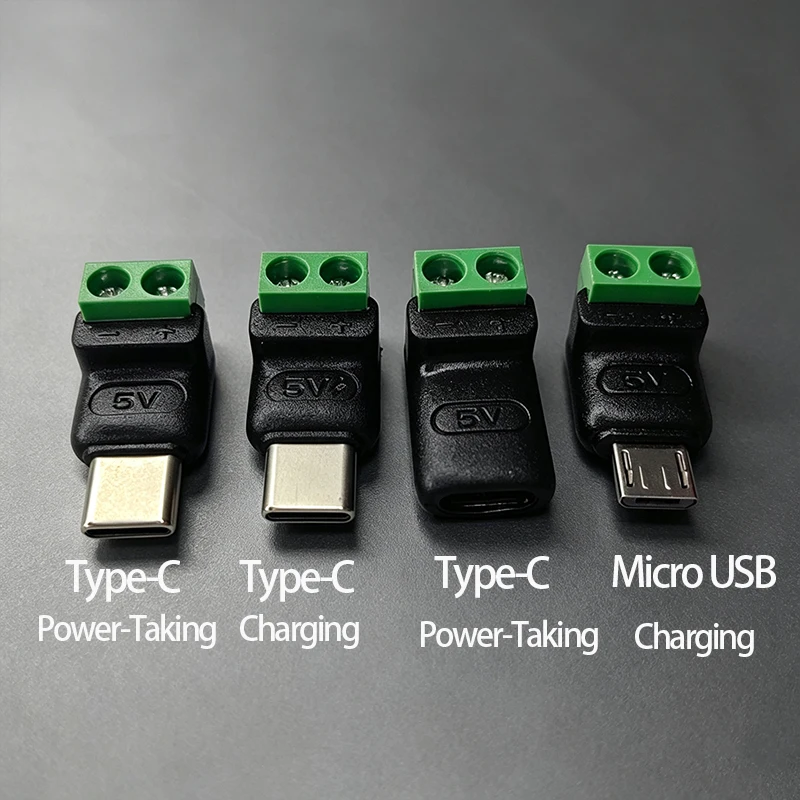 Micro USB Type-C to 2Pin Screw Crimp Terminal Block Terminal Adapter Solderless Plug 5V 9V 12V Charging Connector Extension Cord
